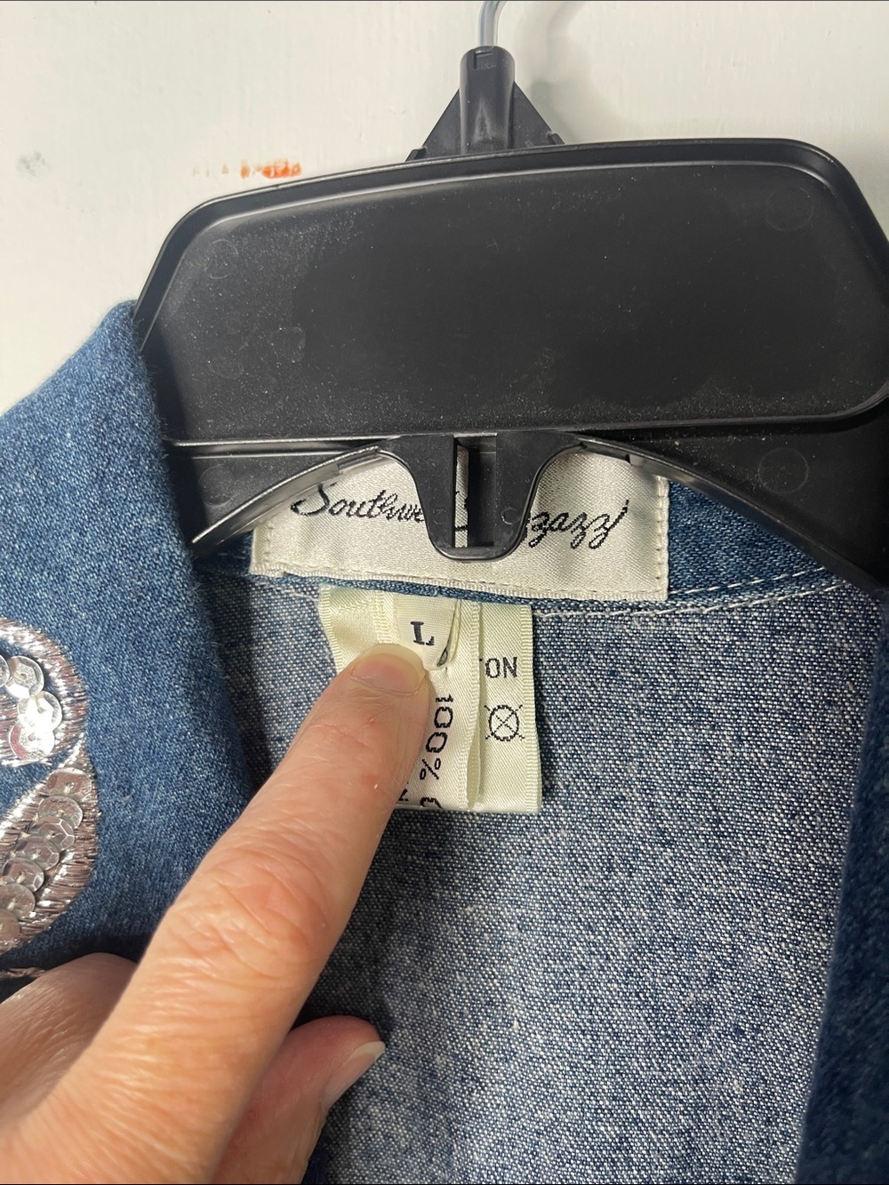 Vintage Denim Sequins Jacket 80s Large Beaded Cotton Long Length Golden Girls L - Picture 2 of 16